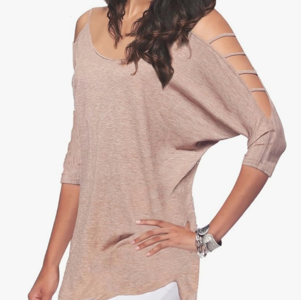 Casual loose hollowed out shoulder three quarter sleeve shirt